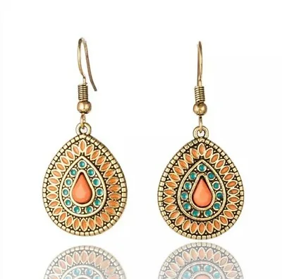£4.49 • Buy Vintage Boho Ethnic Indian Gold Orange Tear Drop Dangle Earrings UK