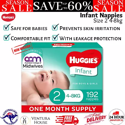 Huggies Infant Nappies Size 2 (4-8kg) 1 Month Supply 192 Pack Ultra-Soft Diapers • $94.76