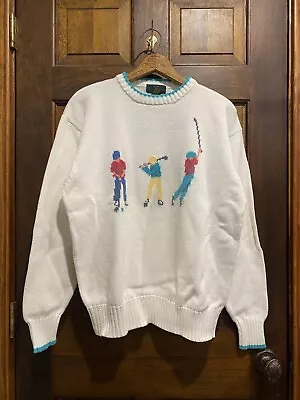 90s Club Room Golf Knit Sweater White Blue Thick Color Bleed Dyed Flawed • $9.99