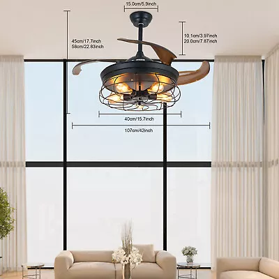 36  Ceiling Fan W/ Light Industrial Retractable Blades Brown Cage Chandelier NEW • $76.01