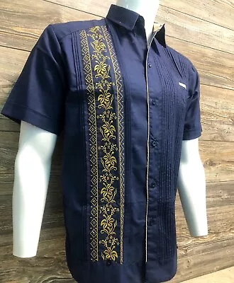 Men's Mexican Guayabera Shirt Navy Blue Short Sleeve Gold Embroidery 100% Linen • $60