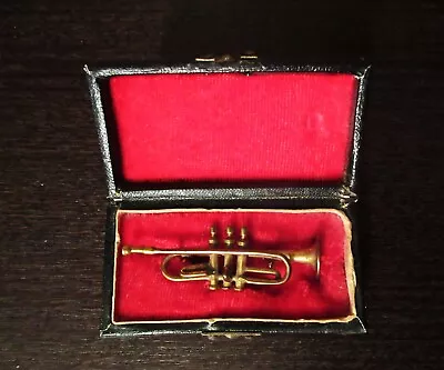 Vintage Miniature Brass Trumpet Figurine In Red Velvet Lined Case 2-3/4” • $3.49