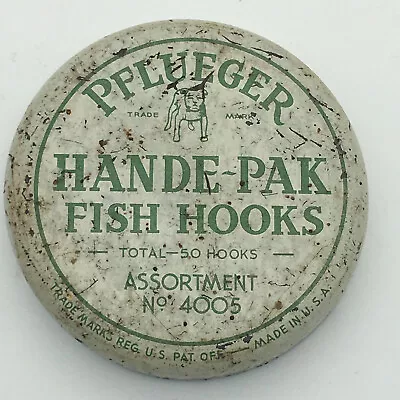 Vintage PFLUEGER Hande-Pak Fish Hooks Tin With Hooks # 4005 Advertising USA • $15.25