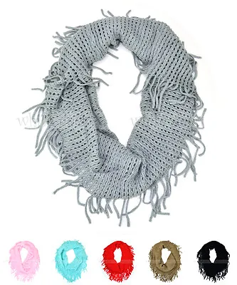 Solid Knit Infinity Winter Scarf Tear Drop Fringe Elastic Fishnet Circle Loop • $7.95