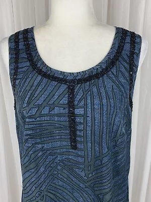 CAbi 3334 Womens Size Small Blue Black Printed Beaded Sleeveless Tank Blouse • $14.97