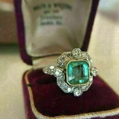 3CT Asscher Lab Created Green Emerald Vintage Deco Ring 14K White Gold Plated • $136.99