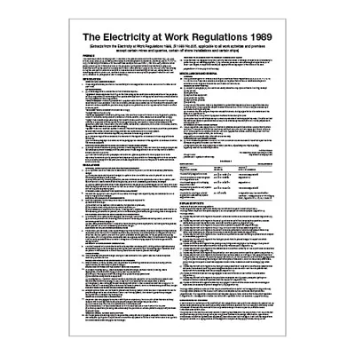 £18 • Buy The Electricity At Work Regulations 1989 Health And Safety Wall Sign / Poster
