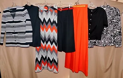 Vtg 7 Pc 70s Womens Clothing Blouse Tops Skirts LOT White Black Red Stripe Solid • $145.24