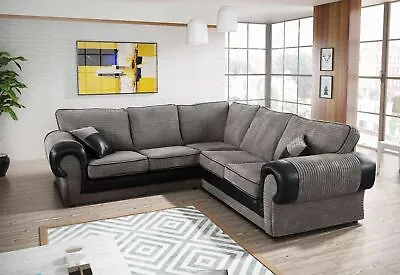 £644 • Buy Jumbo Cord Corner Sofa Fabric Grey Black / Brown Fabric 2 / 3 Seater Sofa Tango