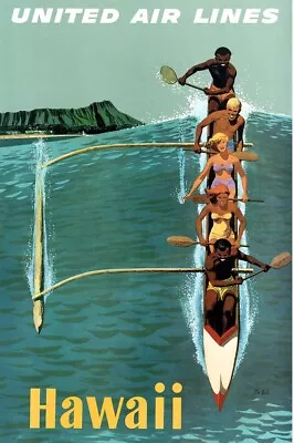 Hawaii Canoe Paddling Vintage Hawaiian Islands Travel Artwork 24x36 Inch Poster • $29.99