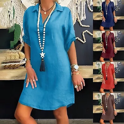 $28.23 • Buy Fashion Women Plus Size Solid Cotton Linen Turn Down Collar Loose Shirt Dress
