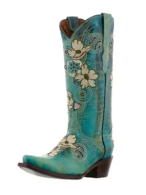 Womens Distressed Turquoise Leather Western Cowboy Cowgirl Boots Flowers Snip • $108.79