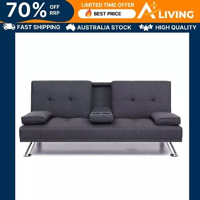 Linen Fabric 3 Seater Sofa Bed Recliner Lounge Couch Cup Holder Futon Dark Grey • $266.80