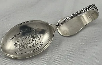 Nursery Rhyme  Little Pig  Floral Curved Handle Sterling Baby Spoon-Mono B • $79.99