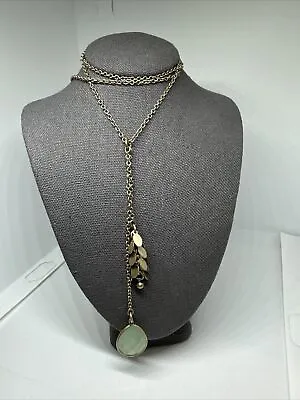 J Crew Pendant Necklace Gold Tone Green Faceted Teardrop Long Chain 28” Signed • $12.59