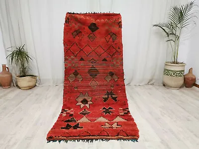 Handmade Boujaad Moroccan Vintage Rug 3'1 X7'2  Abstract Red Berber Wool Carpet • $300