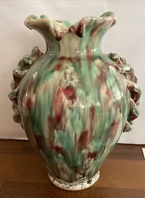 Vtg Italian Majolica 8” Handle Vase Gloss Drip Glaze Pottery Green Burgundy Grey • $25.06