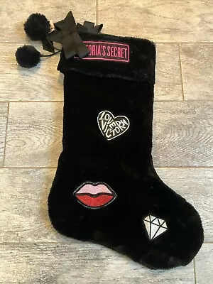 NWT Victoria Secret Christmas Stocking Black Velvet Pom Pon Diamond Lips Kiss • $10.10