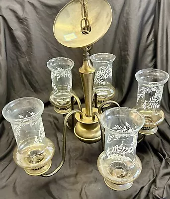 Vintage 5 Arm Brushed Brass Electric Ceiling Light Chandelier W/7 Glass Shades • $108