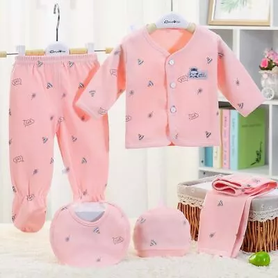 5PCS Hospital Newborn Baby Boys Girls Long Sleeve Top Hat Pants Bib Outfits Set • £9.99