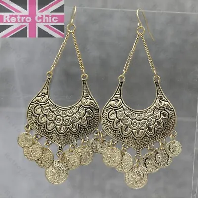 GYPSY CHANDELIER EARRINGS Vintage Gold Tone Coins Boho FASHION Big 3.5 Long • $5.04