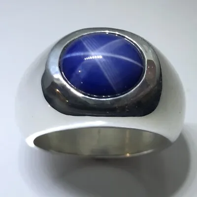 MJG STERLING SILVER MEN'S RING.12 X 10mm LAB GROWN BLUE STAR SAPPHIRE. SZ 10 • $139.15