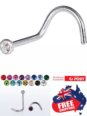 316L Surgical Steel 20g Twist Screw Nose Studs Rings With Crystal Gem Top 1pc • $2.95