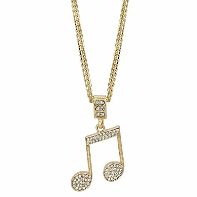 14k Gold Plated Music Note Pendant Iced Cubic Zirconia 24  Cuban Necklace Chain • $14.99