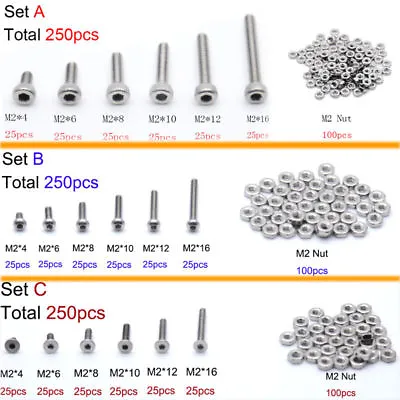 250pcs M2(2mm) A2 Stainles Steel Bolts With Hex Nuts Screws Assortment Kit Set • $4.50