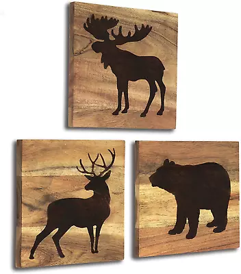 Real Wood Cabin Decor With Bear Deer And Moose - Animals (Set Of 3) • $48.99