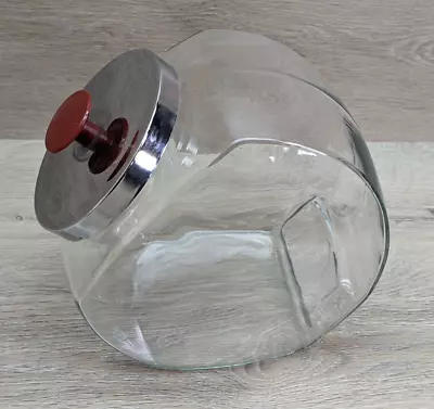 Vintage Large Glass General Store Tilted Candy Cookie Jar Red Knob Chrome Lid • $29.95