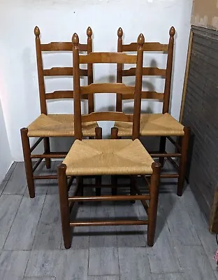 Vintage Set Of 3 Rustic Country Ladder Back Walnut Dining Chairs Woven Rush Seat • $950