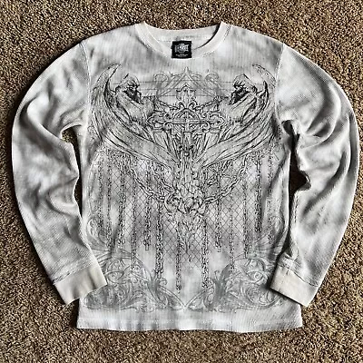 MMA Elite Gothic Cross White Long Sleeve Thermal Y2K Waffle Grunge ~ Men's Small • $49.95