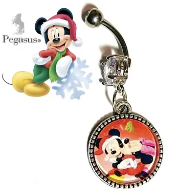 Christmas Kissing Mickey & Minnie Mouse Cabochon Glass Dangle Belly Navel Bar • £7.99