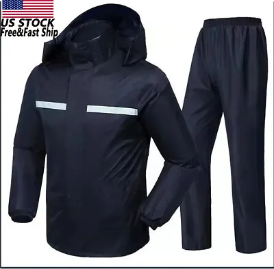 Mens Rain Suits Raincoat Jacket Pants Waterproof Safety Black Hooded US • $22.79