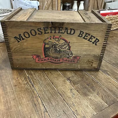 Vintage MOOSEHEAD BEER Wooden Shipping Crate Box W Wood Sliding Lid / Dovetailed • $79.95