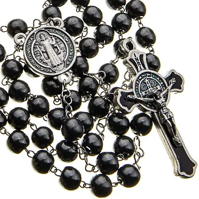 St Benedict Rosary Catholic Black Round Hematite 7mm Beads 21  Men Necklace • $15.50