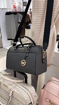 Michael Kors Travel Medium Duffle Satchel Bag Shoulder Black Leather Gold Logo • $167