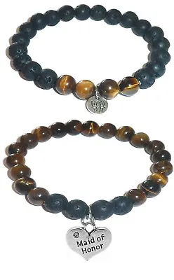 MAID OF HONOR Charm Women's Tiger Eye & Black Lava Stretch Bracelet Gift Set • $13.49