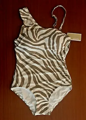 $114 Michael Kors One Shoulder Logo-ring  Modern Swimsuit White/Beige NWT Sz 14 • $54.95