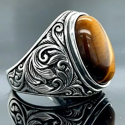 Silver Handmade Tiger Eye Stone Ring  Oval Stone Ring Tiger Eye Gemstone Ring • $69