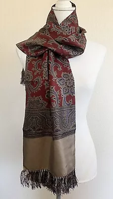 Ornate 100% Silk Rectangle Scarf Wrap Made In England Fringe Red Taupe 58 X 11 • $14.99