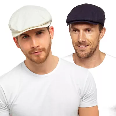 Mens Linen Flat Cap With Stitched Peak For Summer In Blue & White • £8.99