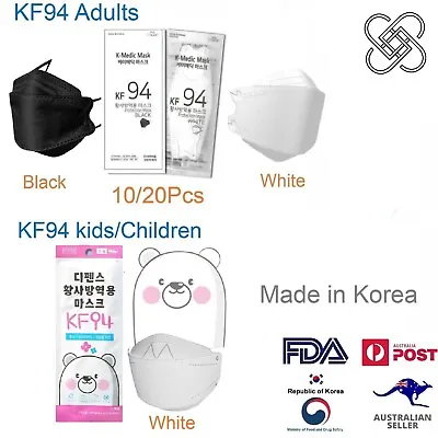 KF94 Adult Kids Children Black White 3D Face Mask 10/20PCS Made In Korea (AU) • $49.99