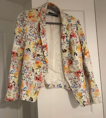 Zara Size L UK 12 Cream / Ivory Floral Cotton Jacquard Blazer • $56.83