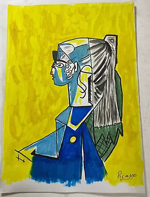 Pablo Picasso-Drawing On Paper (handmade) Signed And Printed Mixed Media Vtg • £114.95