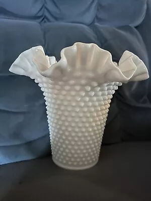 Fenton Swung Handkerchief Vase Large Milk Glass Hobnail 13.5 In Tall  • $50