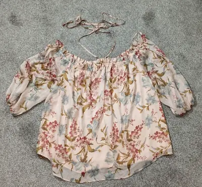 Women's VINCE CAMUTO Peach Floral Chiffon Peasant Top; Neck Halter Strap Size 2X • $19.99