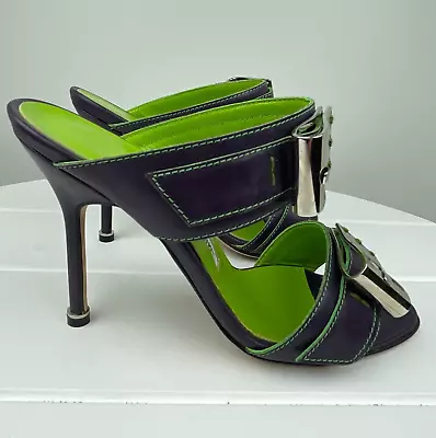 Manolo Blahnik Silver Buckle Lime & Purple Heeled Sandals Shoes Size 5.5/36 • $99.99