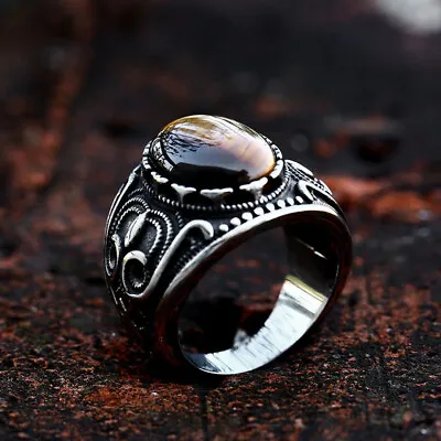 Vintage Tiger Eye Stone Men's Wedding Ring Stainless Steel Classic Signet Ring • $12.98
